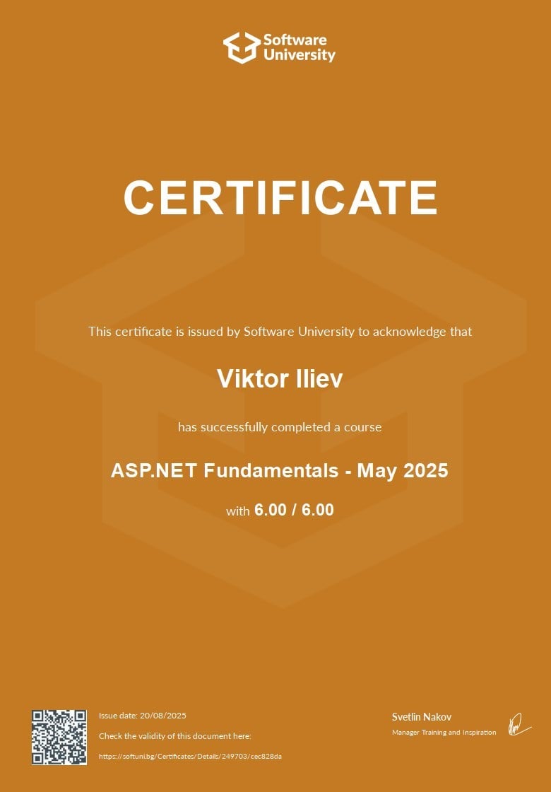 ASP.NET Fundamentals certificate preview