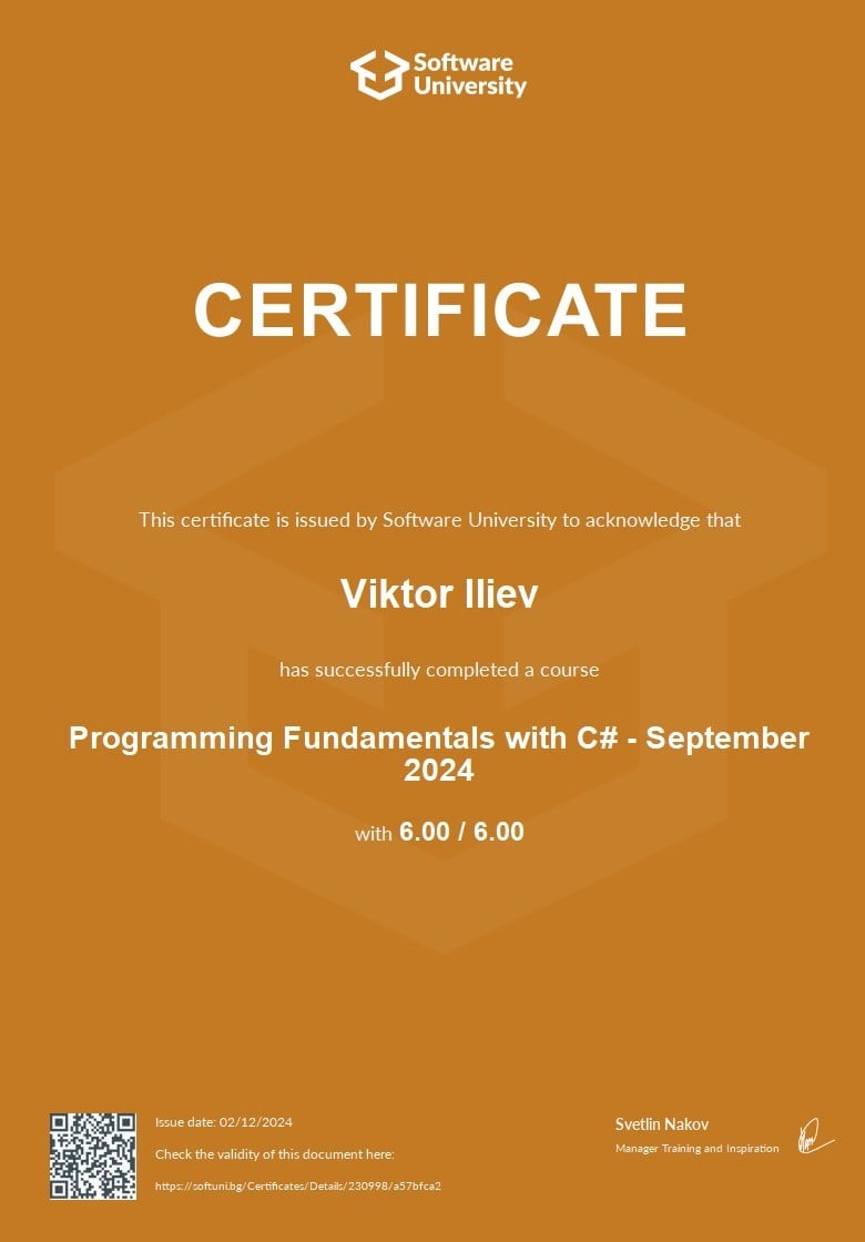Programming Fundamentals with C# certificate preview